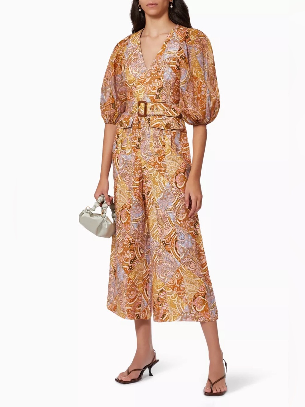 Zimmermann Concert Jumpsuit Paisley Belted Linen Size 1 Puff Sleeve Wide Leg EUC